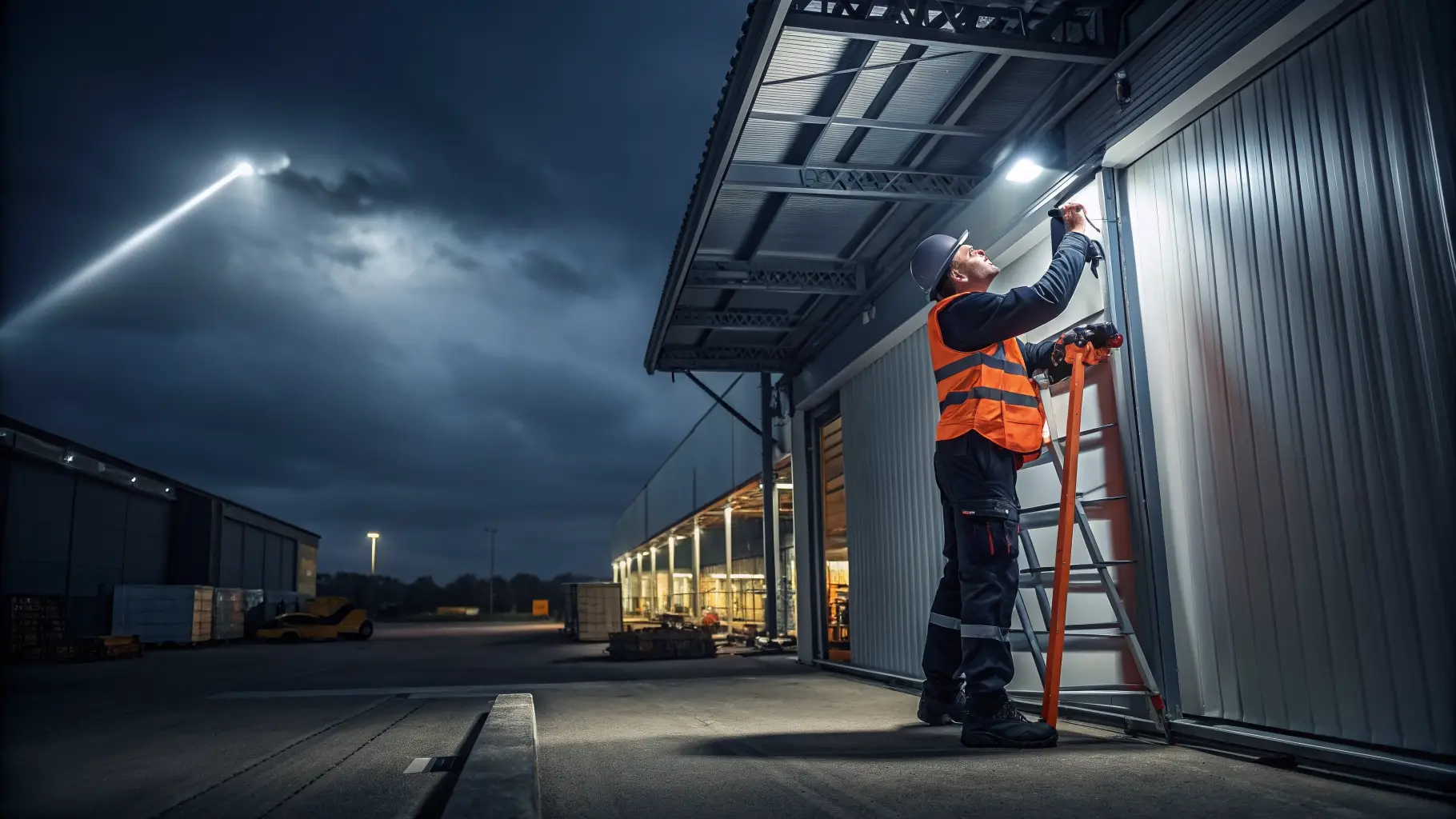Commercial overhead door repair technician working at night with emergency lighting