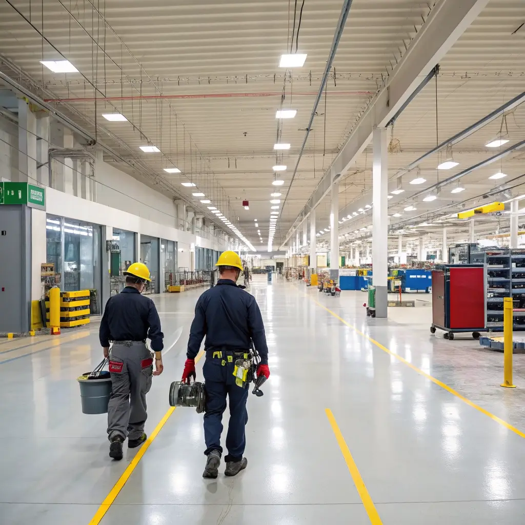 Commercial facility interior with emergency response team arriving