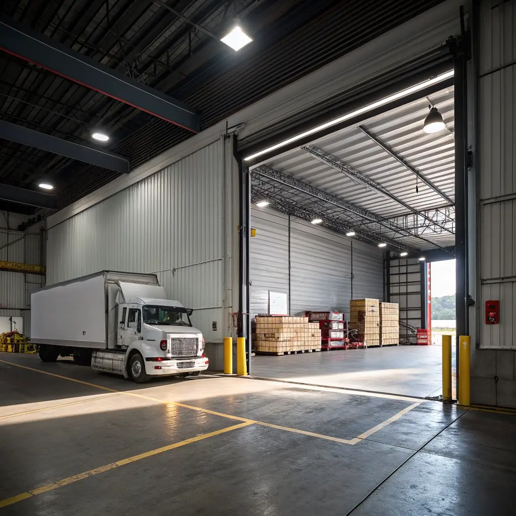 Industrial loading dock with a stuck overhead door and a delivery truck waiting
